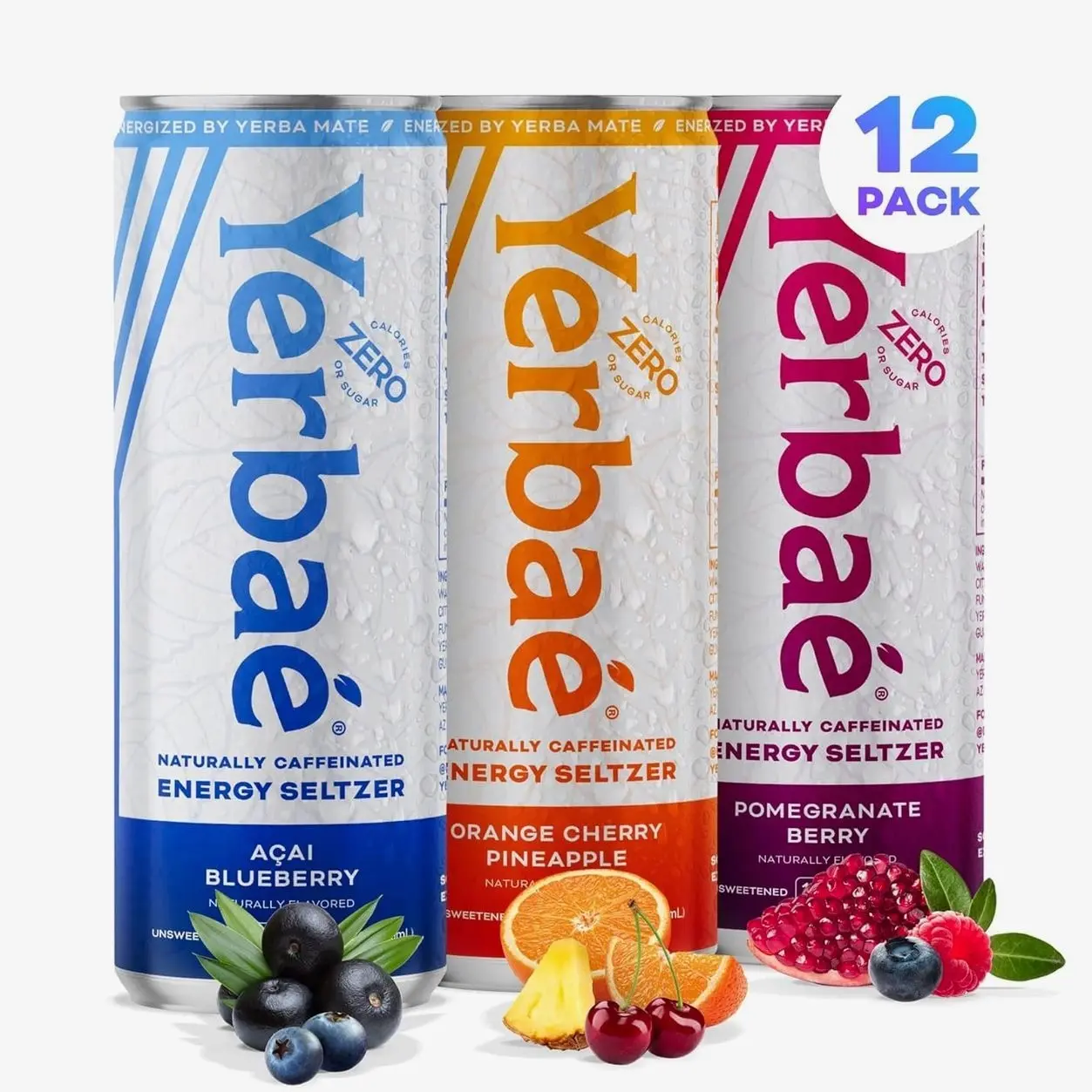 Yerbaé Energy Seltzer - Variety Performance Pack. No Sugar/Calories/Carbs. Energized by Yerba Mate Naturally Caffeinated Plant-Based, Healthy Alternative to Coffee/Sugary Sodas, Pack of 12, 12oz cans