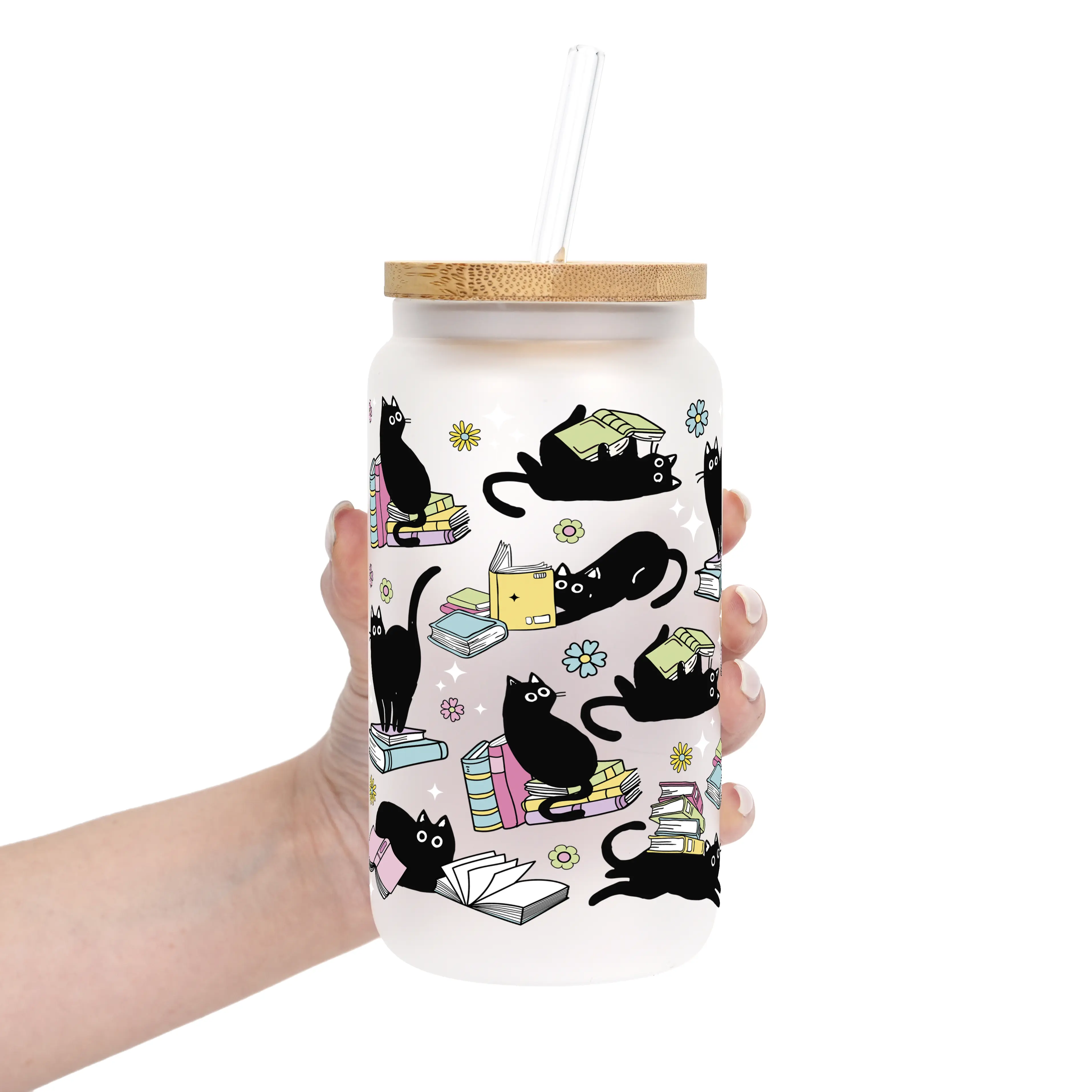 Cat Lovers Collection 40oz Glass Tumbler with Lid and Straw, Iced Coffee Drinkware, Gift for Her, Acrylic Tumbler, water bottle for women, iced coffee cup, Aesthetic, Bamboo