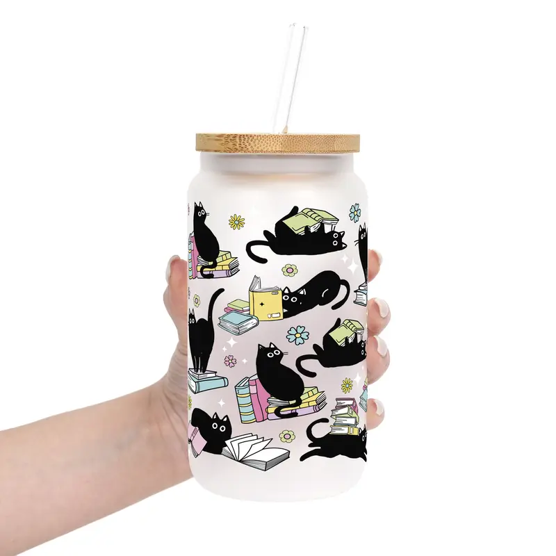 Cat Lovers 40oz Glass Tumbler with Handle, Bamboo Lid & Straw, Cat Mom Gift