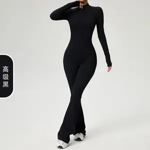 Zippered long-sleeve yoga onesie with a cloud-soft feel; high-intensity fitness exercise one-piece bodysuit; tight body fit; casual and comfortable workout jumpsuit; gym clothing; athletic-style activewear; all-season activewear