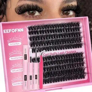 DIY Lash Extension Kit Fluffy Mink Cluster Lashes Kit Natural Volume Eyelashes Extensions with Lash Bond and Seal Tweezers 50D Eyelash Clusters 10-18MM Fluffy Individual Lashes Extension Kit