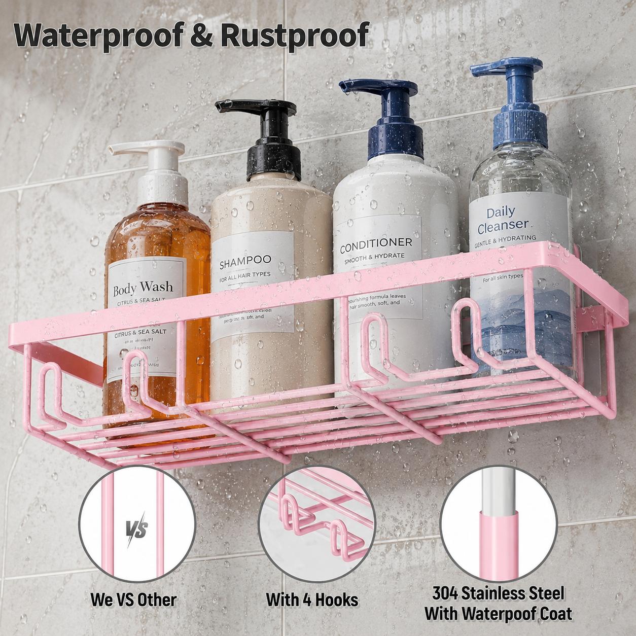 Black Shower Caddy 5 Pack, Adhesive Bathroom Organizer Shelves No Drilling, Rustproof Shower Storage Rack with Hooks, Toothbrush Holder & Soap Dish, Renter Friendly Apartment Essentials for Small Bathroom, Dorm, RV, Kitchen