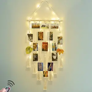 Hanging Photo Display Wall Decor, Macrame Wall Hanging Boho Room Bedroom Decor, Picture Frame Collage Board with Light 30 Clip, Decoration Hangable Ornaments