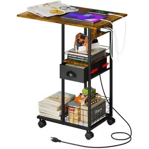 C-Shaped Side Table with Charging Station, Night Stand with Type-C & USB Port and Outlet for Bedroom, Spacious Coffee Table with Wheels for Living Room, Home Office, Small Space