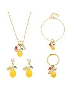Fresh Lemon Pendant Zircon Earrings Bracelet Ring Necklace Jewelry Set, Stainless Steel, Fashion Fruit Accessories