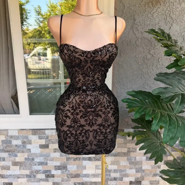 Women's Layla Navy Blue & Black Sequin Mini Dress with Nude Undertone