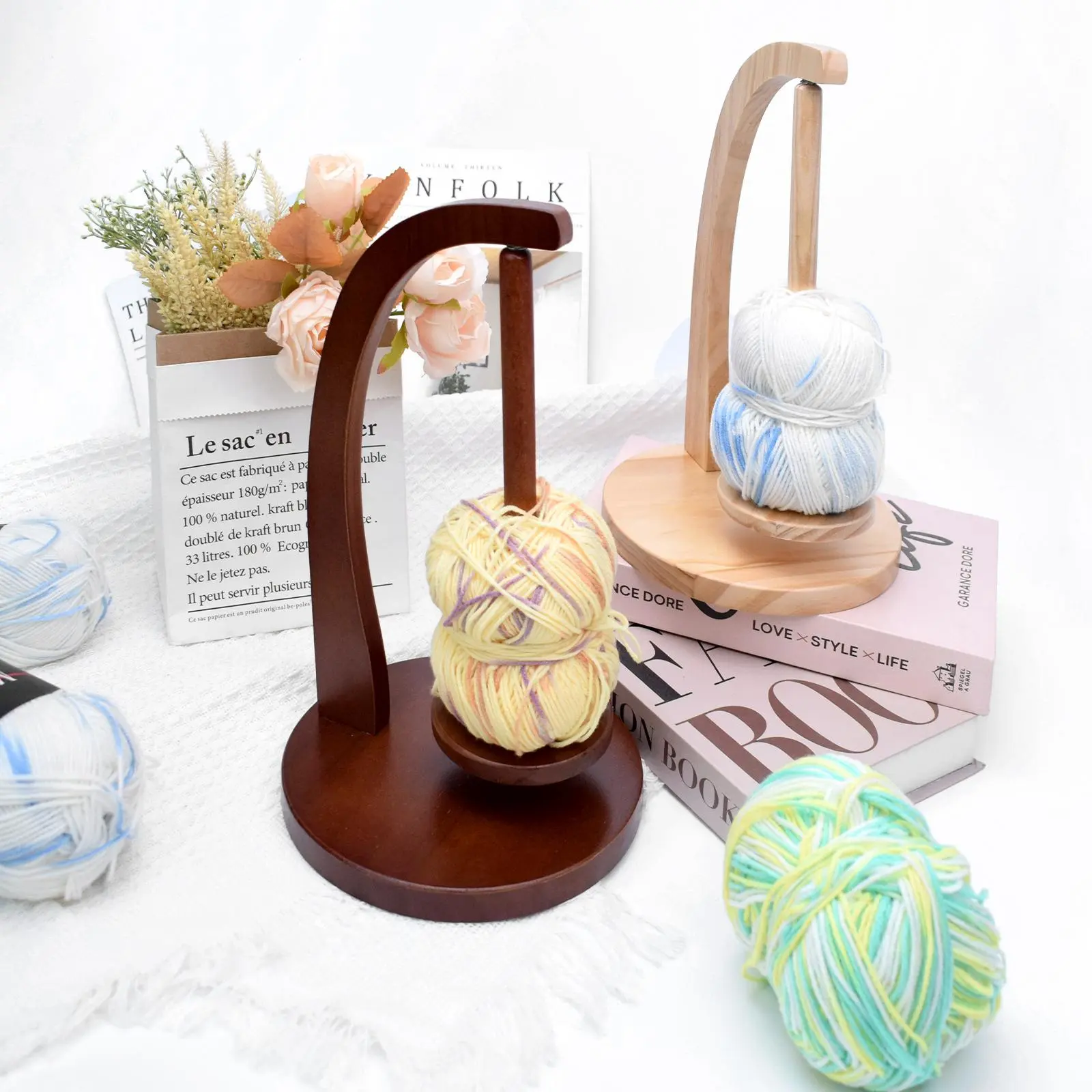 Wooden Yarn Holder Stand with Magnetic Rotating Base, Tangle-Free Yarn Ball Dispenser for Knitting Crochet, Tabletop Sewing Room Organizer