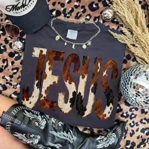 Comfort Colors Brushstroke Cow Print Jesus T-Shirt, Western Christian Tee, Faith Based Shirt, Cowboy Graphics, Jesus Shirt, Christian Cowboy TShirt, western clothing, punchy western wear, cute western tops