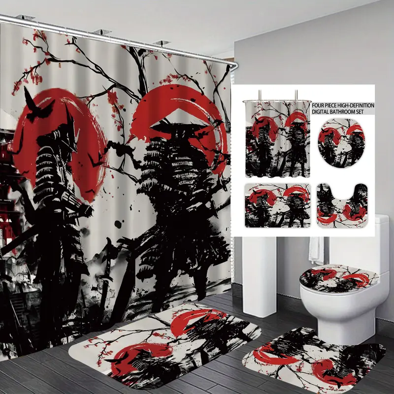 Japanese Ukiyo-e Samurai Shower Curtain Set, 1 Count Shower Curtain Or 4 Counts Bathroom Decoration Set Including Shower Curtain, Bath Mat, Toilet Lid Cover, U-Shaped Mat, Bathroom Accessories, with 12 Hooks