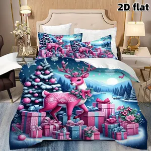 2D Flat 3Pcs Elegant Pink Christmas Reindeer Duvet Cover, Winter Holiday Theme Bedding with Presents & Snowflakes, Soft Microfiber for Cozy Bedroom Decor, Festival Xmas Gift, (1 + 2 Pillowcases, No Filling) All Seasons.