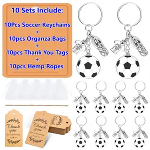 10Pcs Soccer Keychains Party Favors with Organza Bags ，Thank You Tags & Hemp Ropes - Soccer Ball Shoe Jersey Charms, Football Themed Party Supplies, Goodie Bag Fillers for Sports Fans & Athletes, International Soccer Party Gifts & Souvenirs