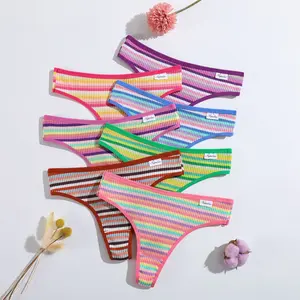 7 Counts New Pure Cotton Color Thread Ladies Thong Pantsabdomen Lifting Buttock Breathable Double-Layer Giflsunderwear Multicolor Stripe Design Comfortable Fit Everyday Wear