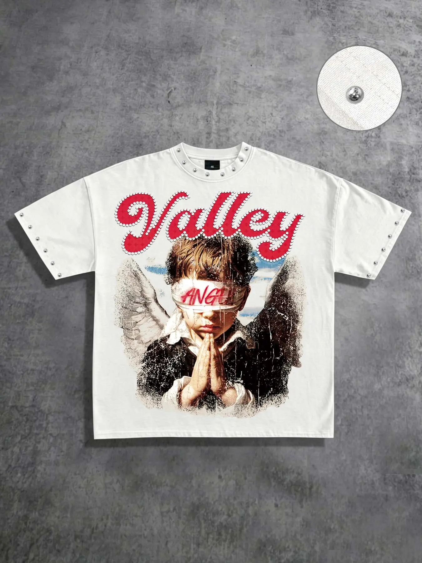American retro, Classic blindfolded angel Casual Graphic Distressed Oversized short sleeved T-shirt for men and women, vintage oil painting, little boy angel T-shirt for men, 2026 summer new street fashion brand summer clothing Menswear Streetwear