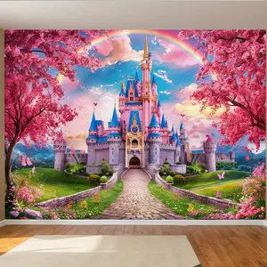 1pc Princess Castle Party Banner - Pink Sakura Rainbow Fabric Backdrop, 90.55x70.8 Inch Polyester Decoration for Home, Room, and Wall Decor, Perfect for Parties, Photo Props, and Whimsical Themes
