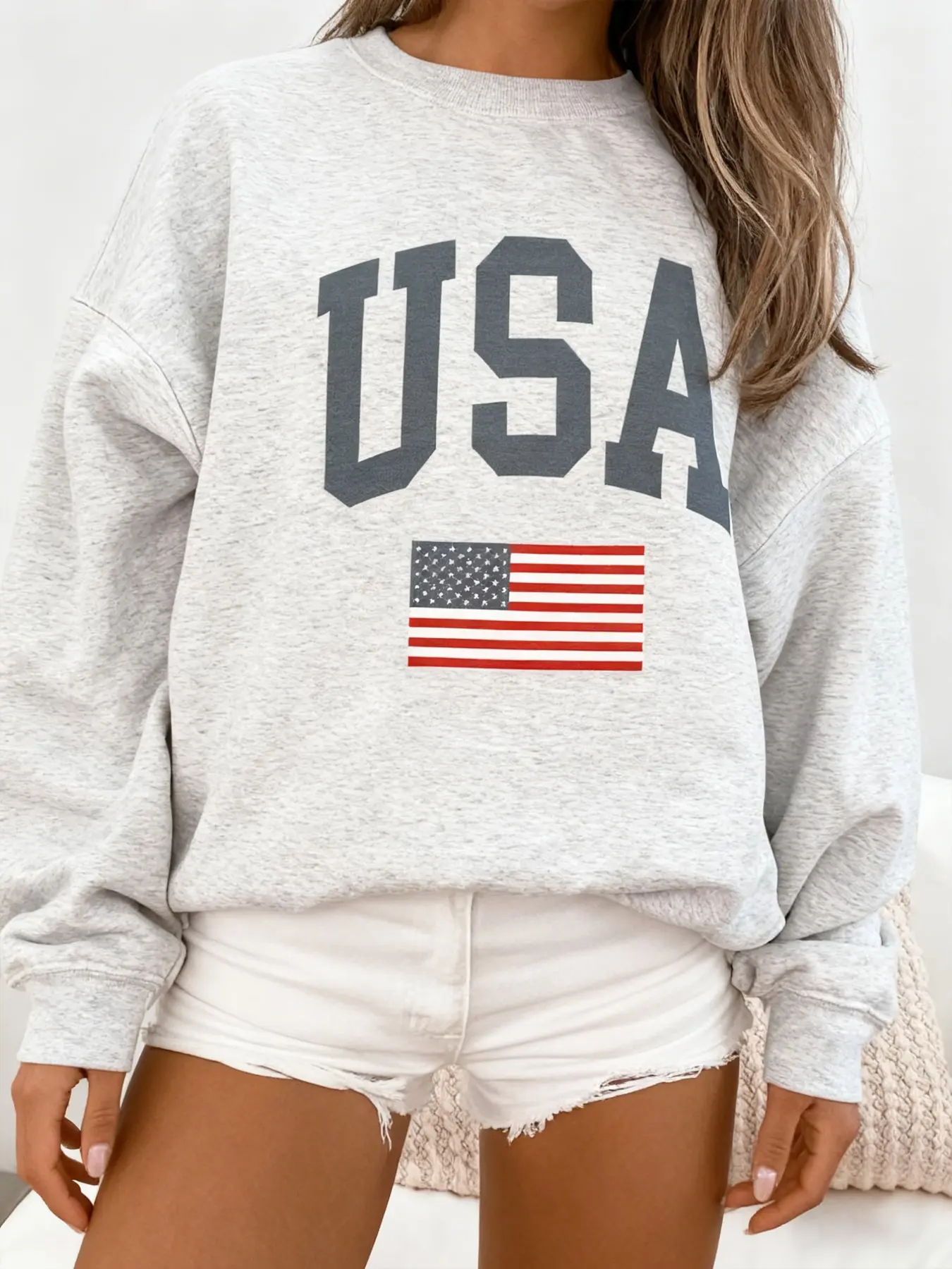 Women's Usa Flag Print Pullover Sweater, Drawstring Drop Shoulder Design, Casual Loose Fit, Perfect for Spring & Fall