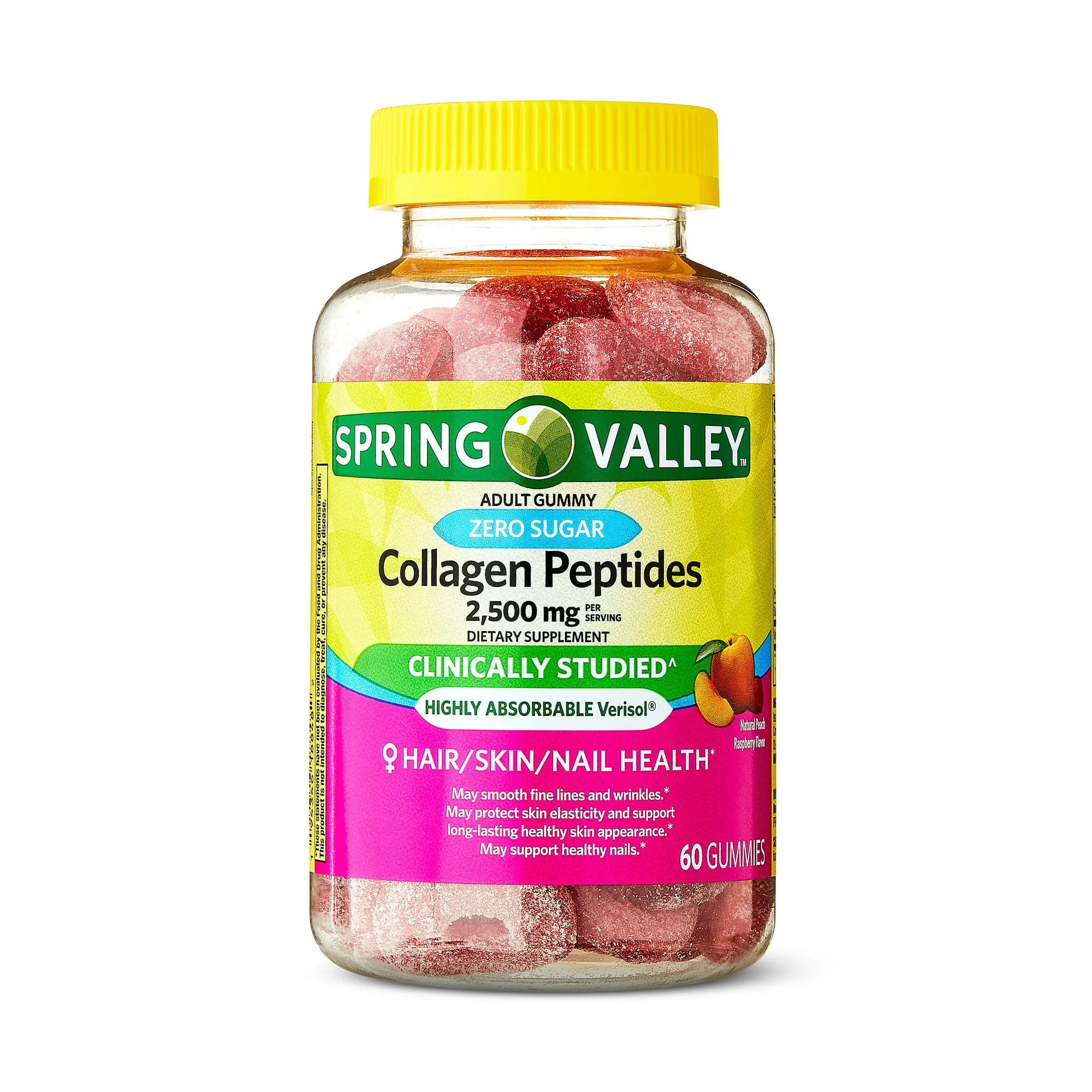 Spring Valley Zero Sugar Collagen Peptides 2500mg Gummies 60 Count – Supports Healthy Hair, Skin & Nails - Beauty Supplement Healthcare, Fitness