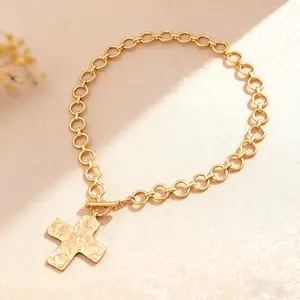 Chunky Gold Necklace for Women Sweatproof, Non Tarnish Chunky Cross Necklaces Thick Gold Layering Hammered Bold Necklace Stacks Toggle Necklaces for Women