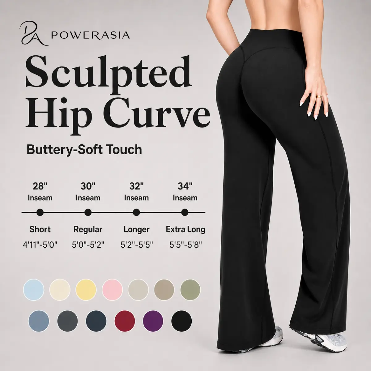 POWERASIA Women’s High-Waist Flared Leggings - Buttery Soft Stretch Pants for Women, Quick Dry, Glute-Lifting Ruched Wide-Leg Bottoms, Ideal for Pilates and Daily Casual Wear Bottoms Basic Womenswear