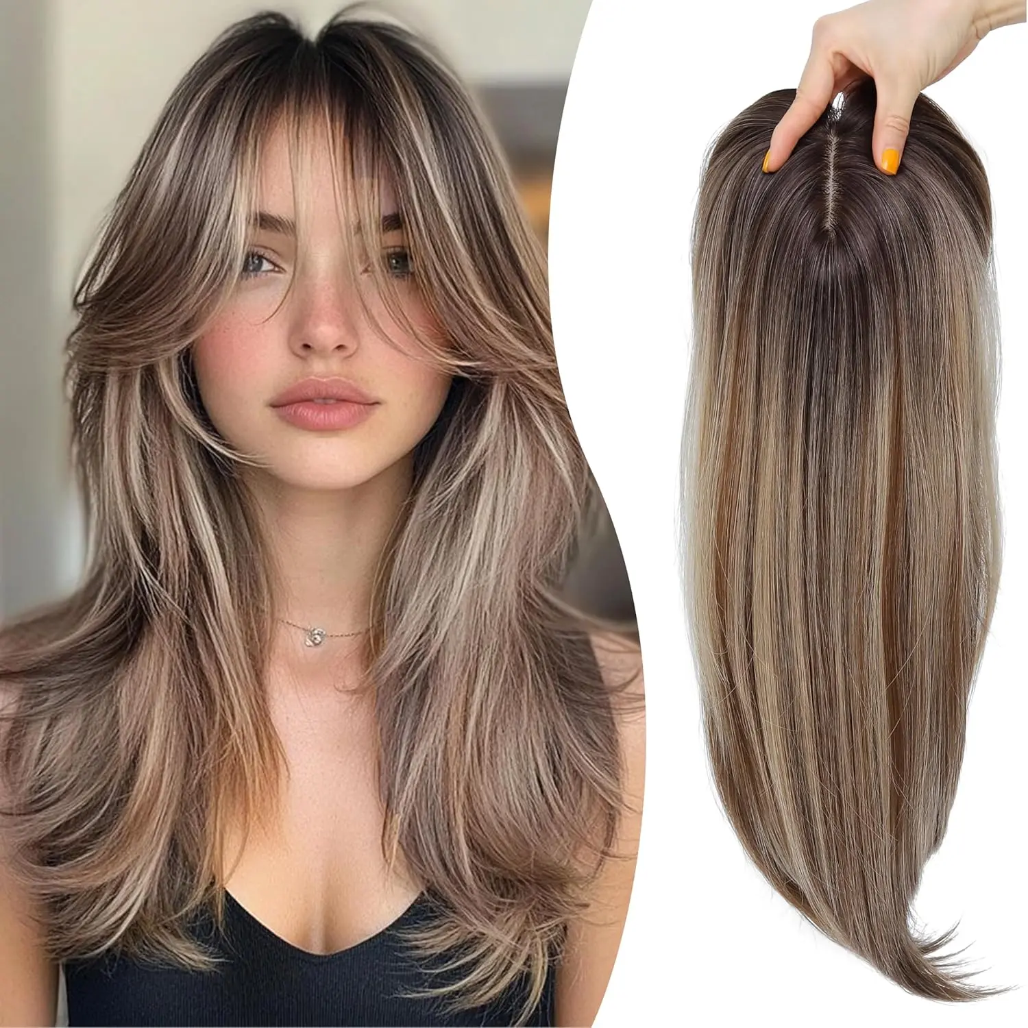 Synthetic Hair Topper with Bangs 18 Inch Layered Toppers for Women with Thinning Hair 5.5" x 5" hand Tied Forehead Hairline 360? 3D Cover Wispy Synthetic Toppers Hair for Women Fiber Wiglets