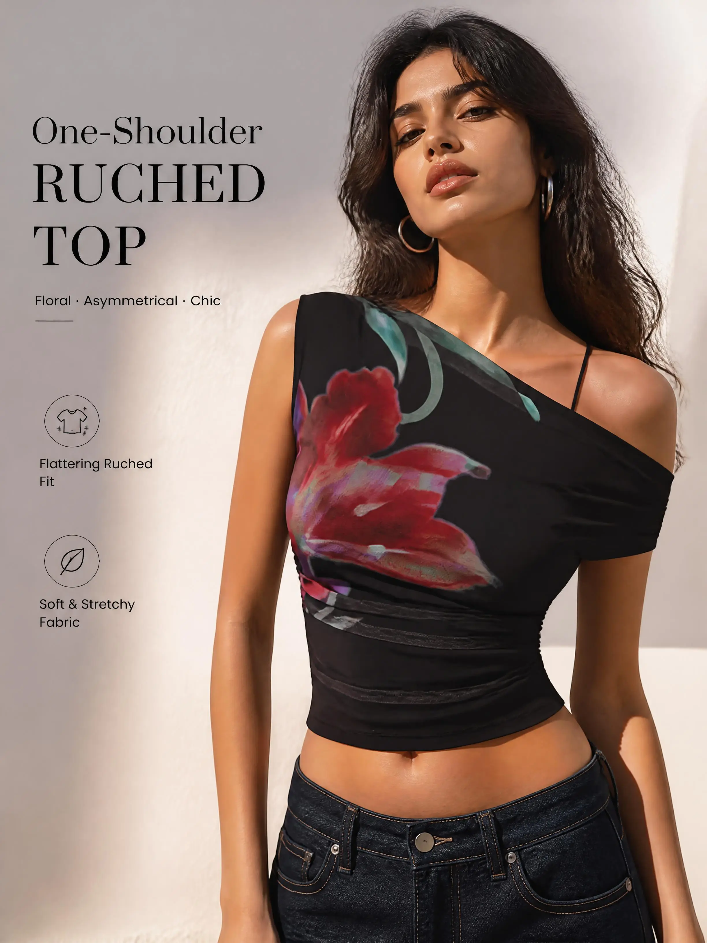 Women’s Stretch Mesh Asymmetrical 1-Shoulder Blouse - Artistic Foggy Flower Print, Ruched Waist, Cropped Tank Top for Party, Street Wear to Pair with Jeans, Skirts