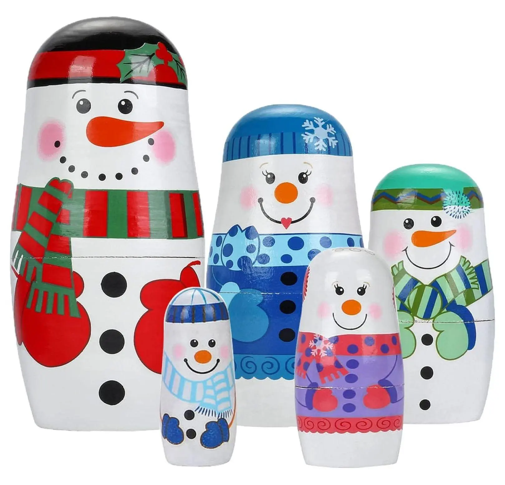 5-Piece Traditional Vibrant Handcrafted Wooden Russian Nesting Dolls - Snowman Matryoshka, Christmas Gifts, Birthday Decor, Collectible Home Decor (5.71x2.87x2.8in)