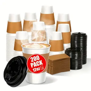200 Pack 12oz Thickened Disposable Paper Coffee Cups with Lids and Sleeves Leakproof Hot Coffee Cups for Takeaway Office Home Party Hot Drinks Cocoa Chocolate