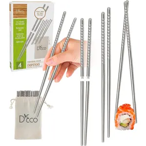 D'Eco Reusable Metal Chopsticks - 4 Sets of Stainless Steel Twist Apart Chopsticks & Travel Pouch - Lightweight, Durable, Dishwasher Safe (4 Pairs)