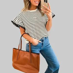Dear-Lover Women's Modest Short-Sleeve Round Neck Blouse - Black Stripe, Scallop Lace Trim, Ruffle Details, Cotton-Polyester Fabric, Casual Top for Jeans, Lady