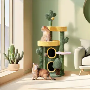 48.5 H Oasis-Themed Cat Tree Fleece-Covered Cat Tower for Kitties Floor to Ceiling Cactus Cat Condo with 3 Perches/Scratching Posts/Toys