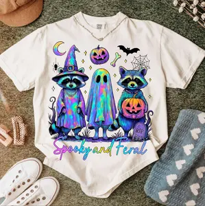 Spooky And Feral Raccoon Halloween Shirt, Halloween Tee, Retro Preppy Halloween Raccoon Shirt, Raccoon Ghost Png, Halloween Pumpkin, Raccoon T-Shirt