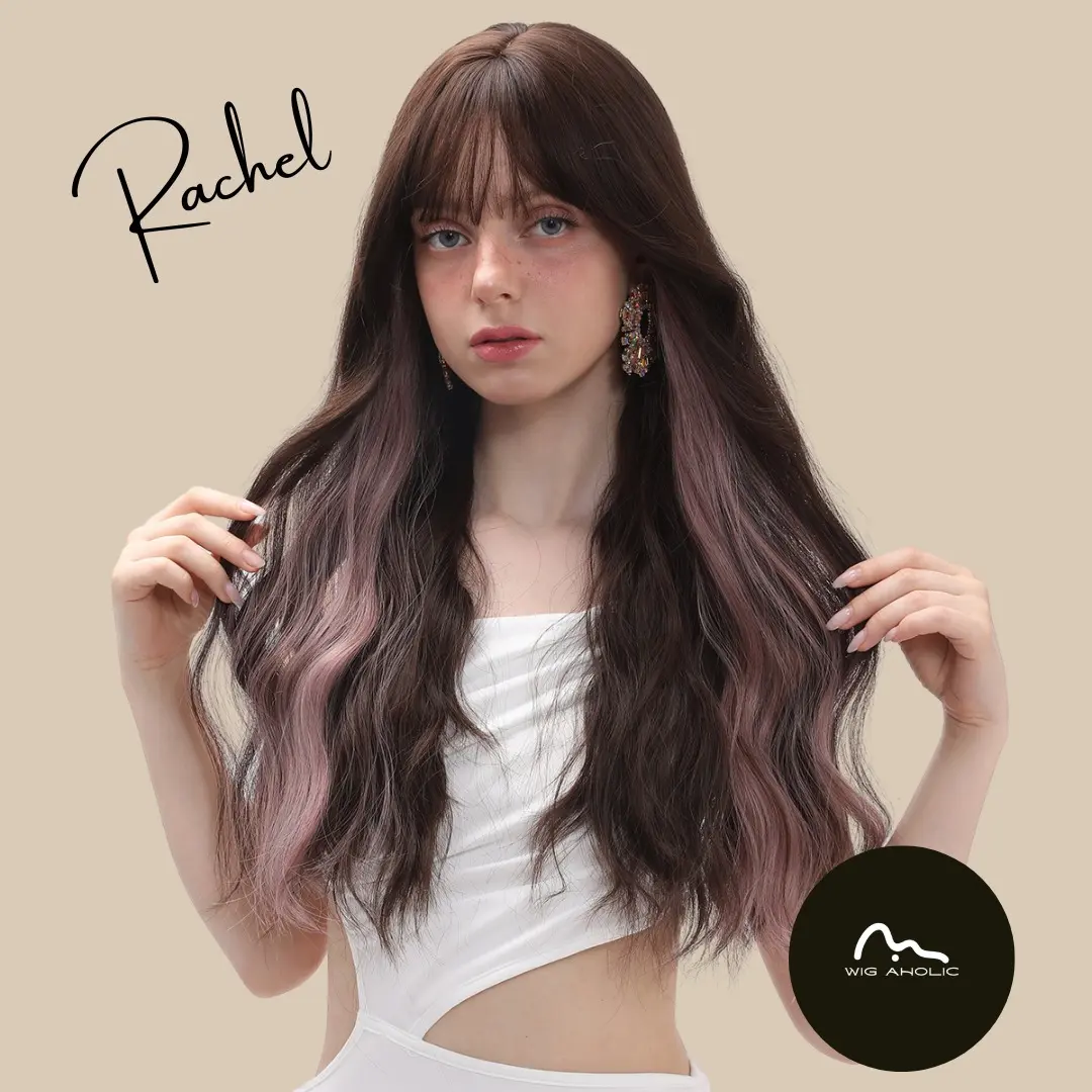 RACHEL【WA-SM7280】 22inches Body Wave Pink Brown Wig with Bangs Daily Party