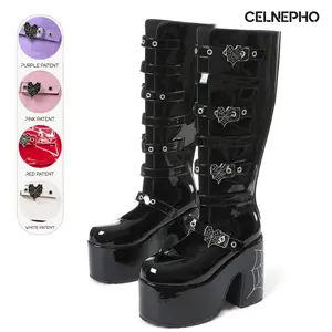 CELNEPHO Knee High Boots With Spider Buckles For Women Round Toe Chunky Block High Heel Go Go Fashion Boots Easy Pull on Punk Combat Gothic Boots Party Cosplay Festival Outdoor Events Trendy Dress Shoes Deals For You Days