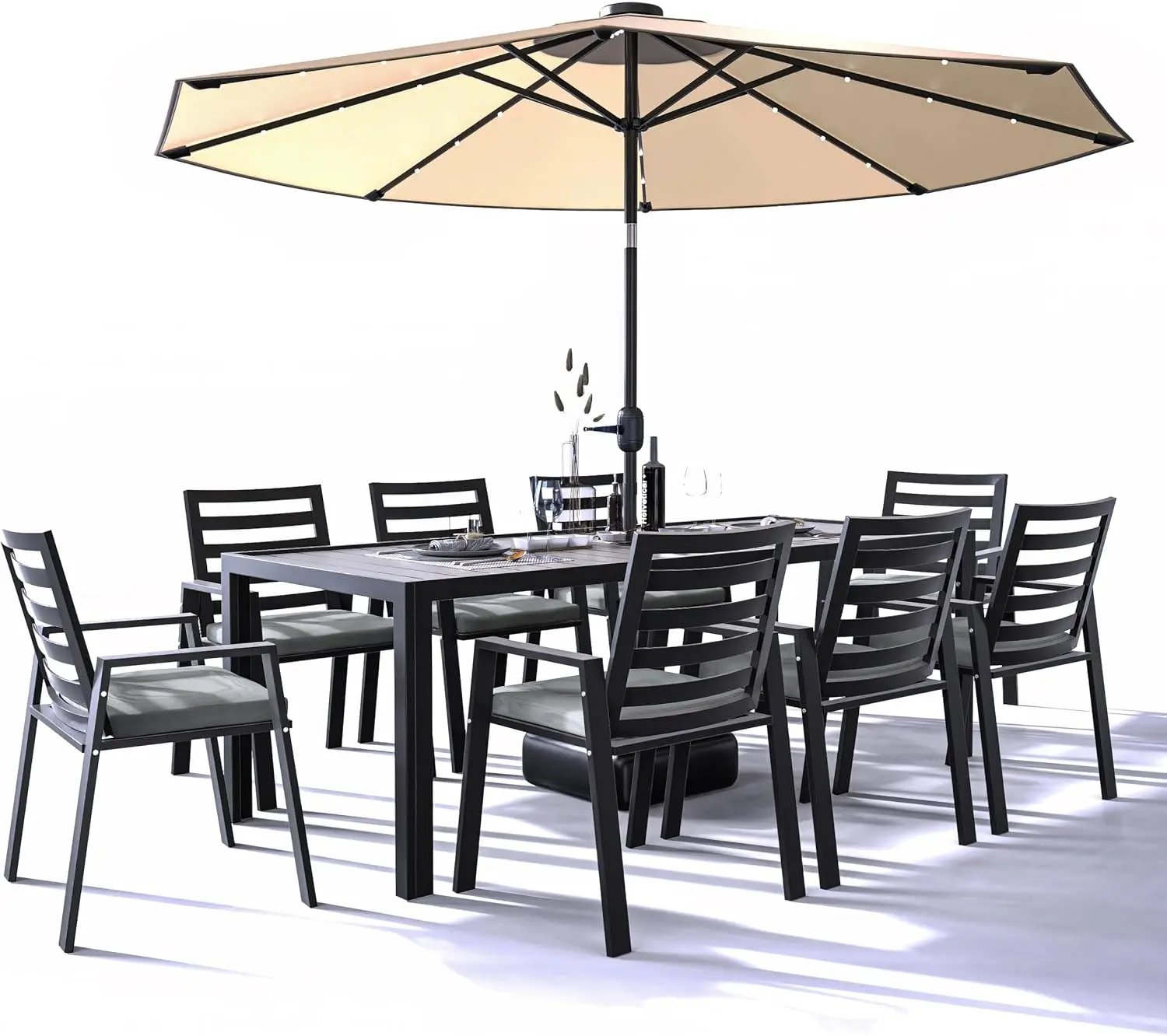 Outdoor Dining Set, LeisureMod 9-Piece Outdoor Dining Set – Modern Black Aluminum Table & 8 Chairs with Removable Cushions