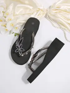 Women's Summer New Rhinestone Flower Wedge Sandals, Open Toe Thick Sole Flip Flops, Casual Beach Shoes for Summer