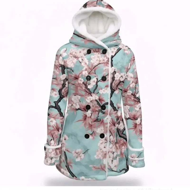 The Pink Cherry Blossom Coat Shearling Lined Wearable Art Peacoat with Hood and Button Detail