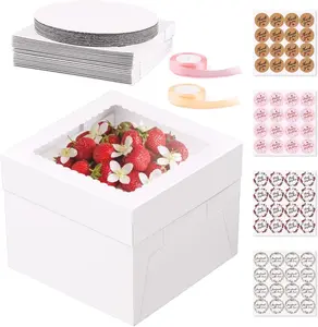 10 count Cake Boxes, 10x10x8 Inches Tall Box with  Boards, White Bakery Boxes with Window, Square Box Boards with  for Cake, Donuts, Cookies, Wedding, Birthday, Party