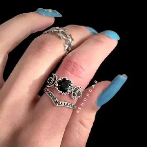 Celestial Black Silver Crystal Moon Ring Set 002