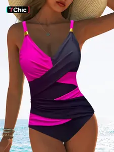 Women's Colorblock Cross Over V Neck One-piece Swimsuit, Casual Sleeveless Swimwear for Beach Holiday Vacation, Ladies Swimsuit for All Seasons, Color Block Swimsuits
