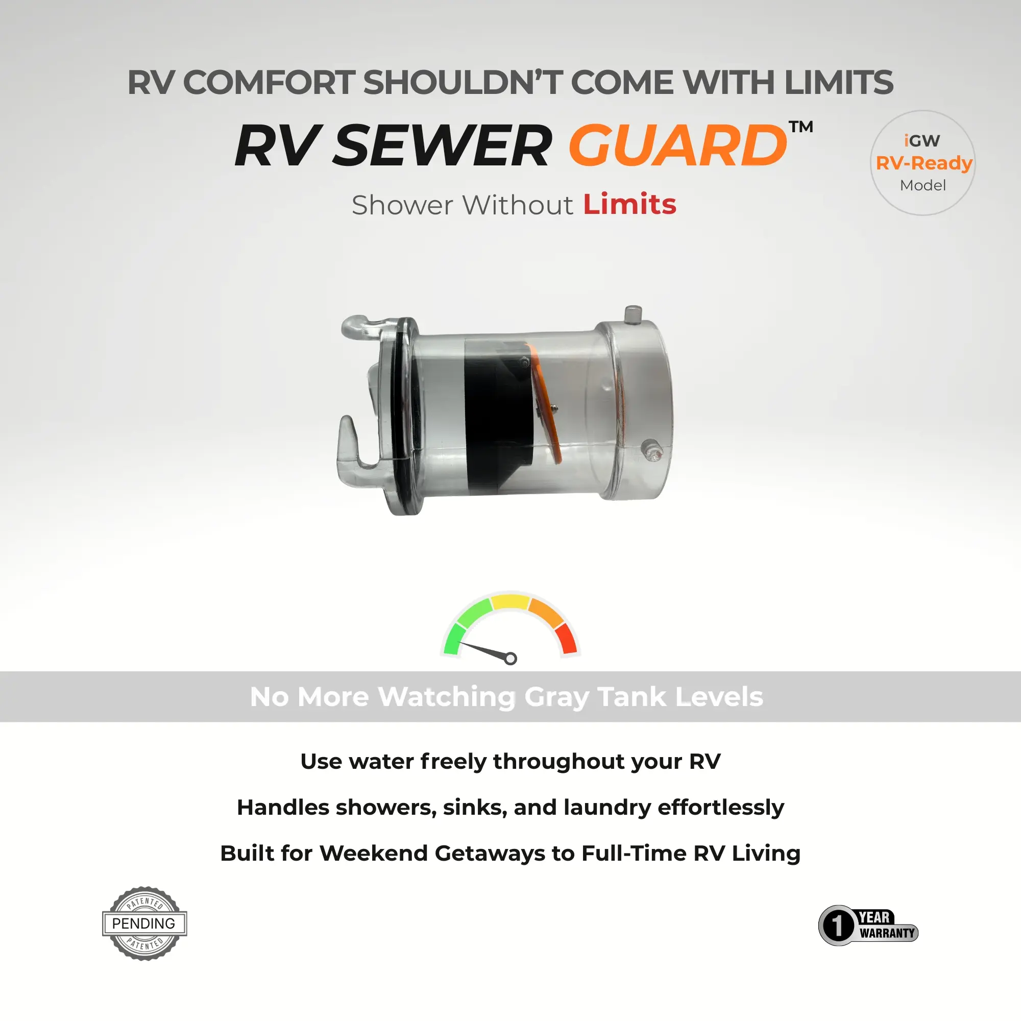 RV Sewer Guard Continuous Gray Water Flow Protector with 5" Clear Adapter – Automatic RV Sewer Backflow Preventer
