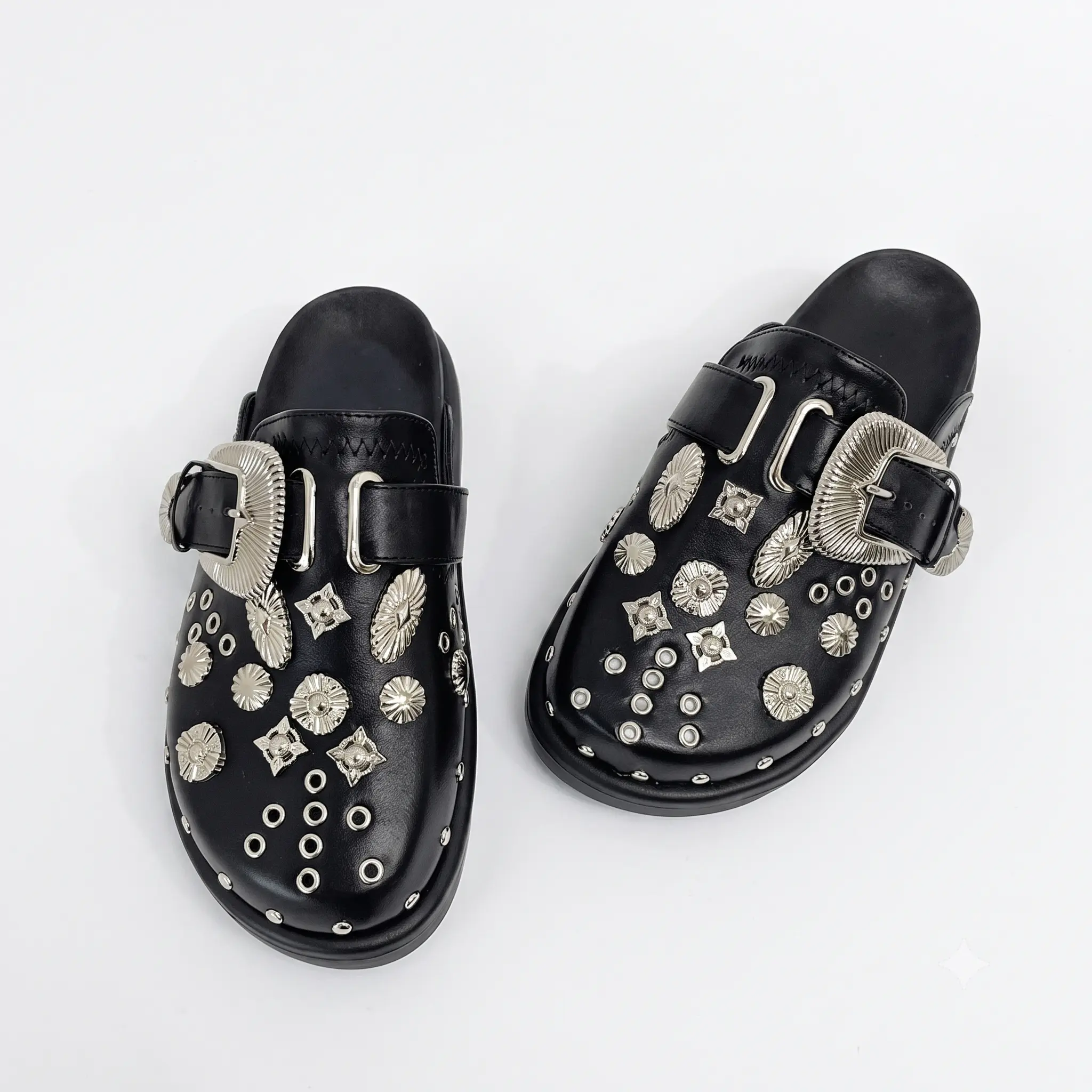Women's Edgy Black Studded Platform Mules Rock Grunge Clogs Backless Slippers Large Ornate Western Buckle Metal Ornaments Boho Chic Comfort Casual Street Style Statement Trending Viral