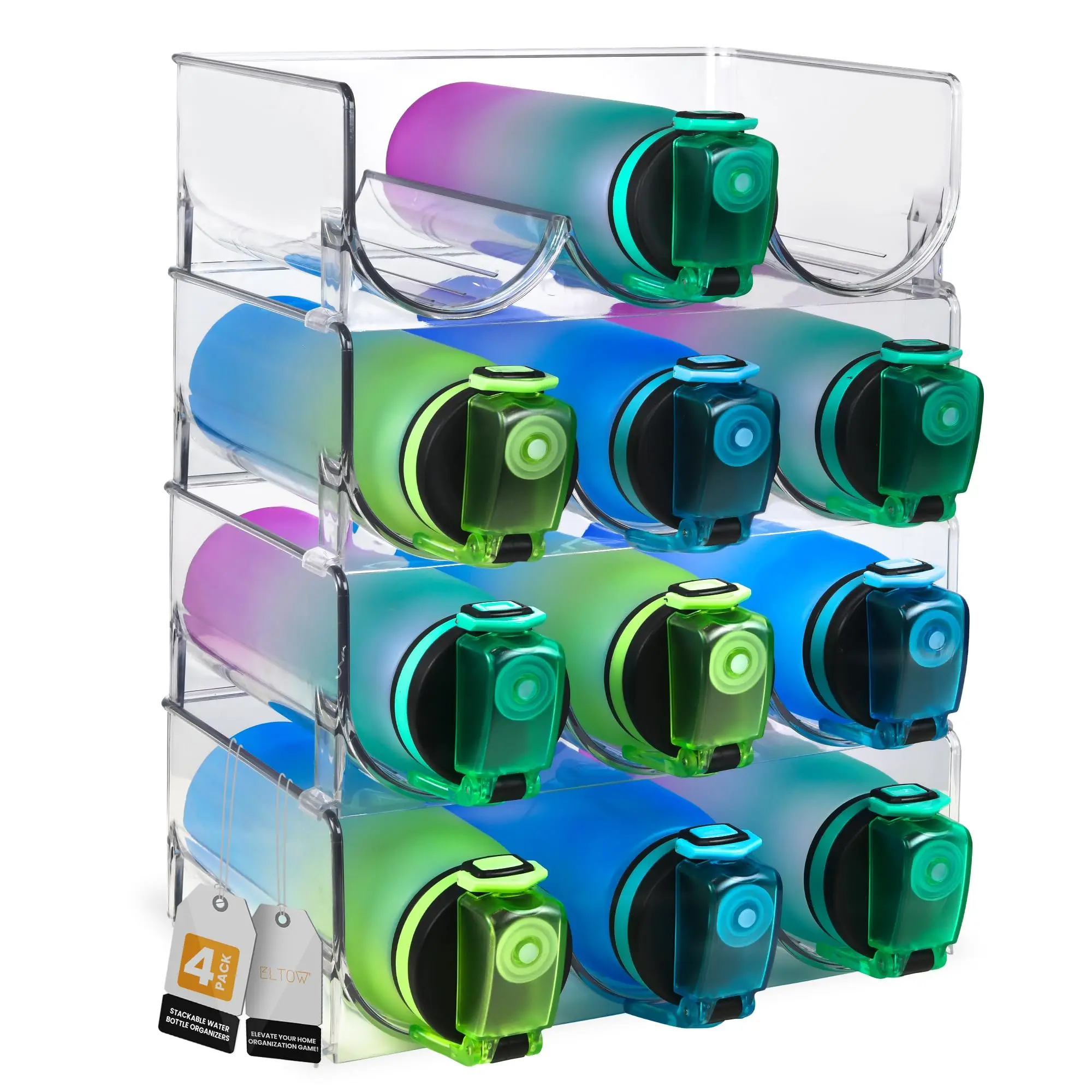 ELTOW Stackable Water Bottle Organizer for Cabinet Tumbler Organizer for Kitchen Cabinets Countertops Pantry Shelf Cupboards Wine Holder for Refrigerator - 4 Pack Holds 3 Bottles Each