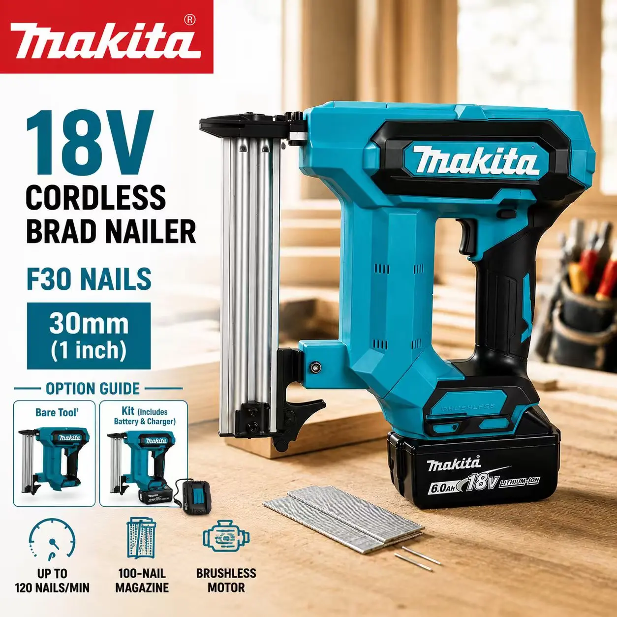 Makita F30 brushless motor impact nail gun, suitable for （3/8-1-3/16  inch）  straight nails and 18V Makita batteries, no jamming, no shelling, suitable for all kinds of construction sites, woodworking DIY projects