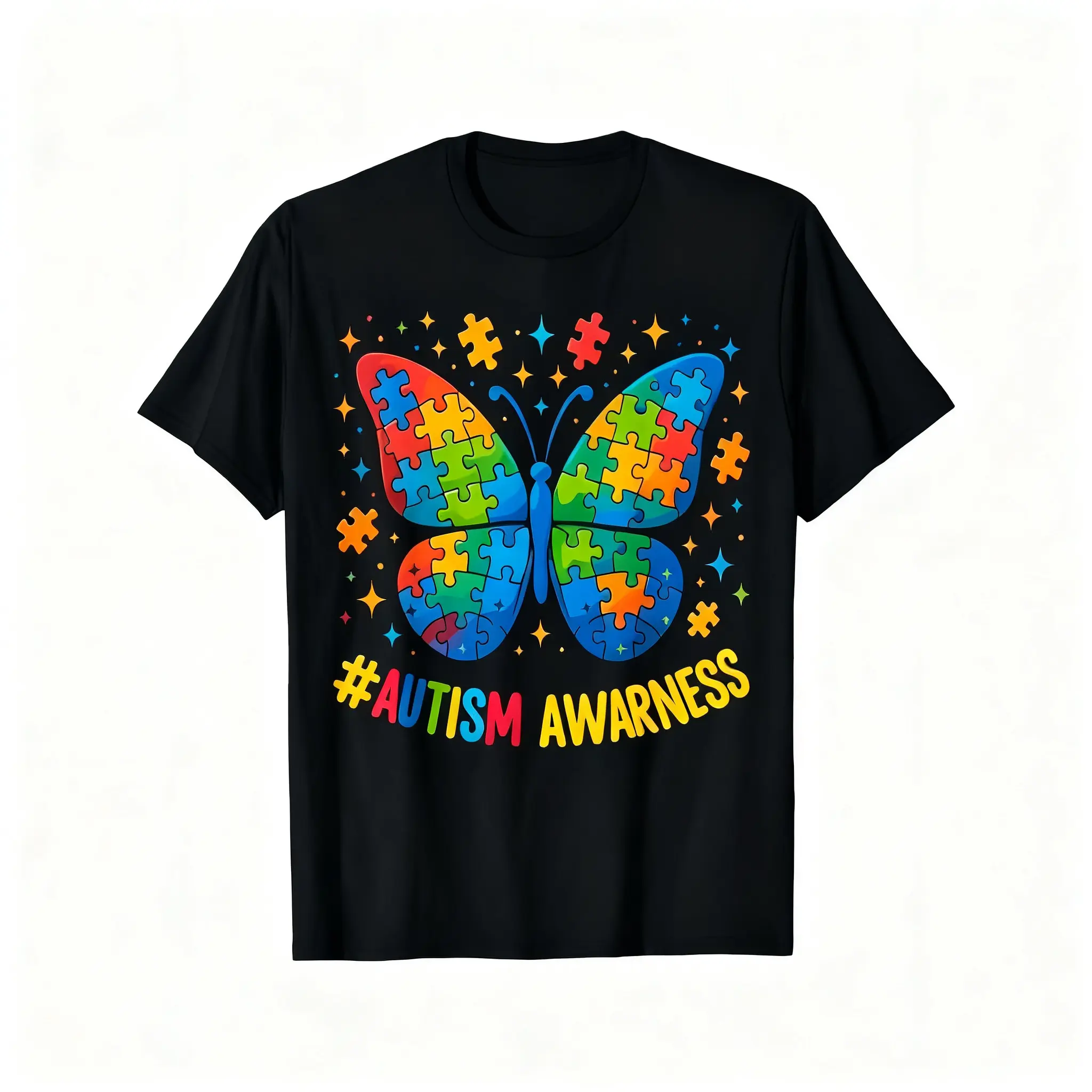 Men's Casual Round Neck Pure Cotton Classic Crew T-Shirt - Autism Awareness Menswear, Thick Breathable Relaxed-Fit Short-Sleeve Streetwear Top with Butterfly Puzzle Print, Foldable for Everyday Support, All Seasons, Tailored, Shortsleeve