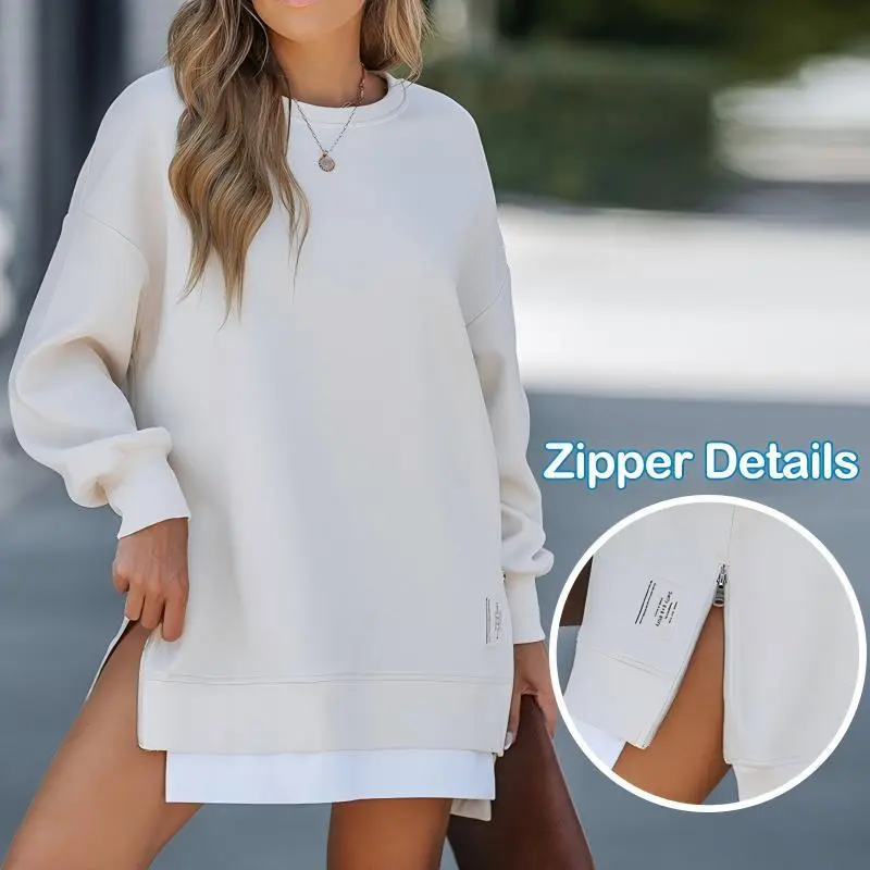Women's Relaxed Cut Long Sleeve Cotton-Polyester Tops - Casual Geometric Sporty Chic Pullover, Round Neck, Light Zippered Side Split, Durable Stitching, Breathable Drape, Outfit Inspiration for Casual OOTD