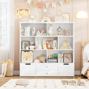 Toy Storage Organizer with 4 Drawers, Toy Organizer with Hidden Wheels and 7 Open Cubbies, Multifunctional Floor Storage Chest for Playroom