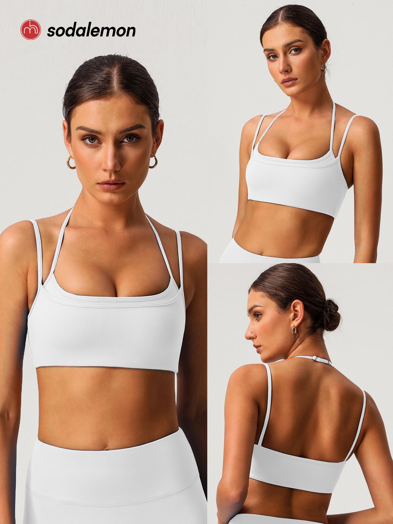 Sodalemon Women double layered-strap scoop-neck yoga sports bra, cropped open-back workout top, outdoor Pilates fitness sports bra