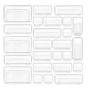 25 PCS Clear Plastic Drawer Organizers Set, 4-Size Versatile Bathroom and Vanity Drawer Organizer Trays, Storage Bins for Makeup Kitchen, Office Boxes