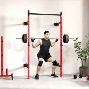 Folding Squat Rack with Pull Up Bar – Wall Mounted & Adjustable. 1000 lbs Capacity Power Rack. 17 Height Levels (9.8"-72.8"). Folds to 48" x 2" x 89.8". Red