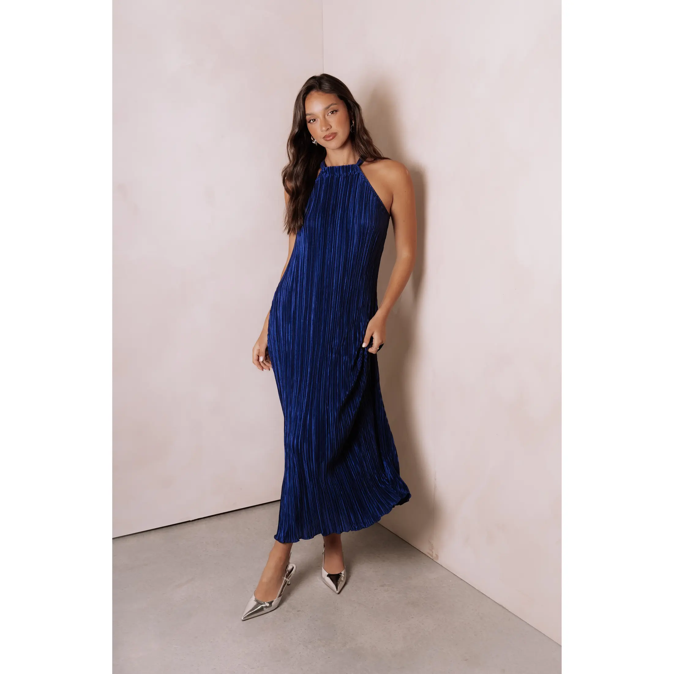 Melody Plisse Halter Maxi Dress - Navy