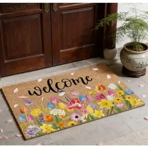 Spring Tulip Welcome Doormat Diatom Mud Absorbent Entrance Rug for Front Door Porch Entryway Colorful Floral Butterfly Design Non Slip Quick Drying Floor Pad Indoor Outdoor Home Mat Housewarming Decor Gift